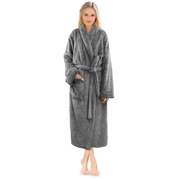 PAVILIA Premium Womens Plush Soft Robe Fluffy, Warm, Fleece Sherpa Shaggy Bathrobe (S/M, Gray)