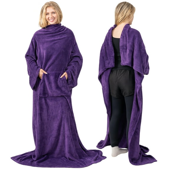 PAVILIA Purple Fleece Wearable Blanket with Sleeves for Adults Women Men, Soft Warm Full Body Wrap Throw, Sweatshirt Pocket, Cozy Pullover Robe Blanket with Arm, Gifts for Christmas Mom Wife