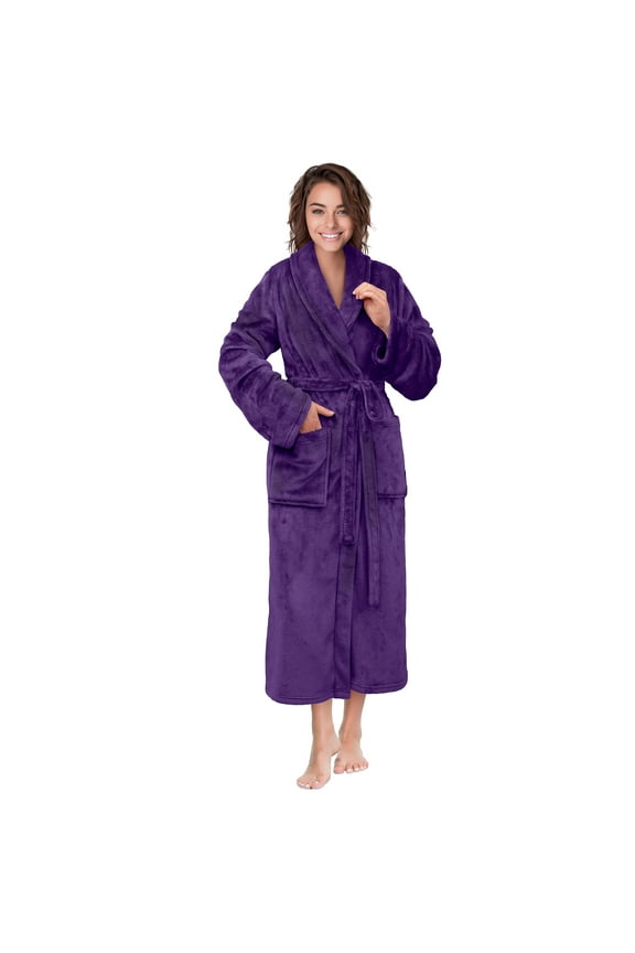 Purple Women Robe Fleece Plush Soft, Fluffy Fuzzy Cozy Warm Lightweight Bathrobe, Shower Spa House Long Robe for Women, S/M