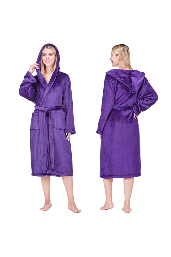 Purple Women Robe with Hood, Fleece Fluffy Soft Long Hooded Robe for Women, Plush Fuzzy Cozy Warm Bathrobe Shower Spa House, S/M