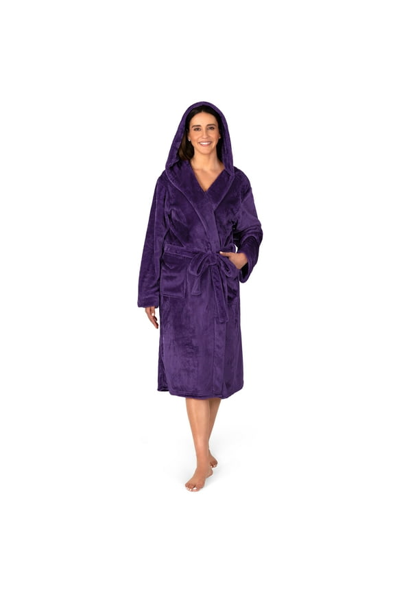 Purple Women Robe with Hood, Fleece Lightweight Soft Long Hooded Robe for Women, Plush Fuzzy Cozy Warm Bathrobe Shower Spa House, S/M