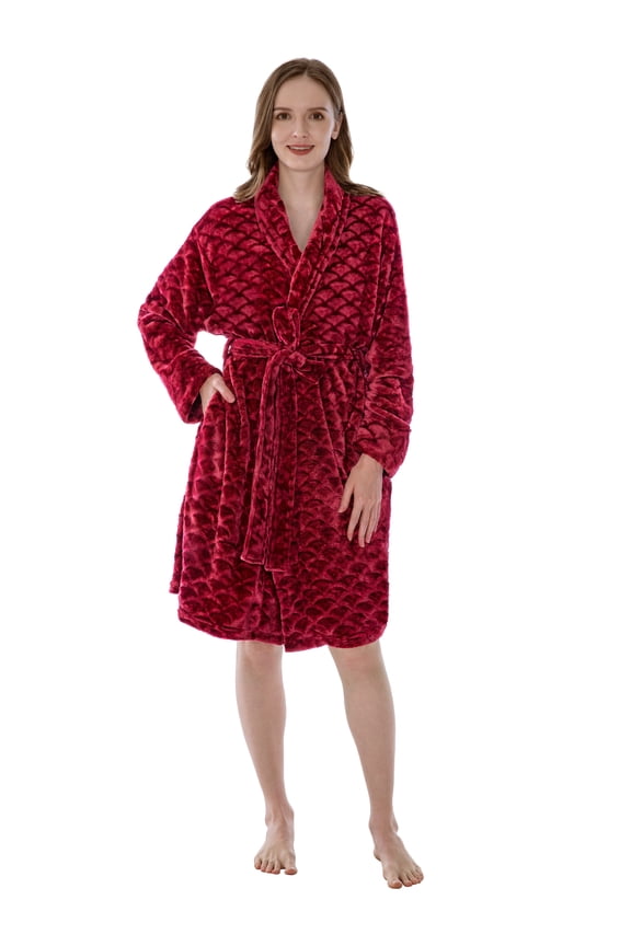 Red Short Robes for Women Plus Size, Plush Soft Womens Bathrobe Lightweight, Fluffy Fuzzy Cozy Women’s Bath Robe Knee Length, Shower SpaHouse Kimono Robe, 2XL/3XL