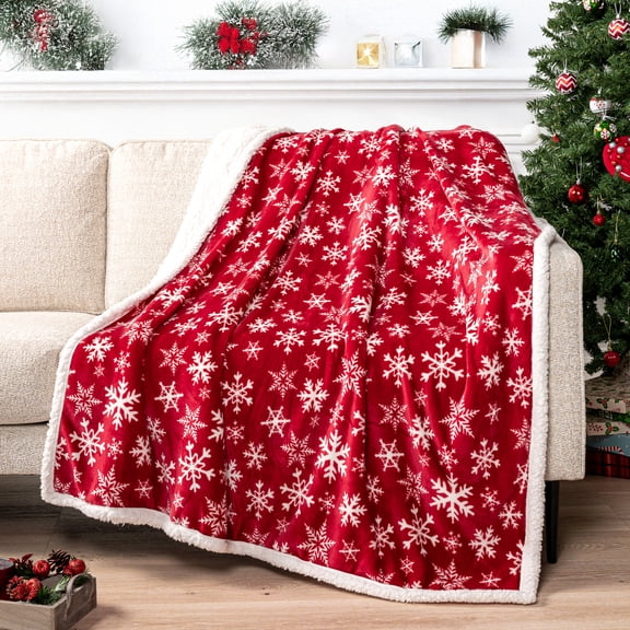 PAVILIA Red Snowflake Christmas Sherpa Throw Blanket, Ultra Soft Reversible Fleece Sherpa 50x60 Winter Blanket for Couch & Bed, Cozy Christmas Home Decor Holiday Gift