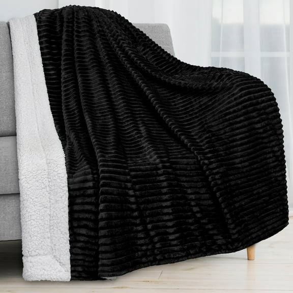 PAVILIA Reversible Sherpa Fleece Throw Blanket Black, Plush Flannel Throw, Ultra Soft Warm Ribbed Microfiber Blanket for Sofa Couch Bed, Luxury Thick Striped Blanket, Black, 50x60