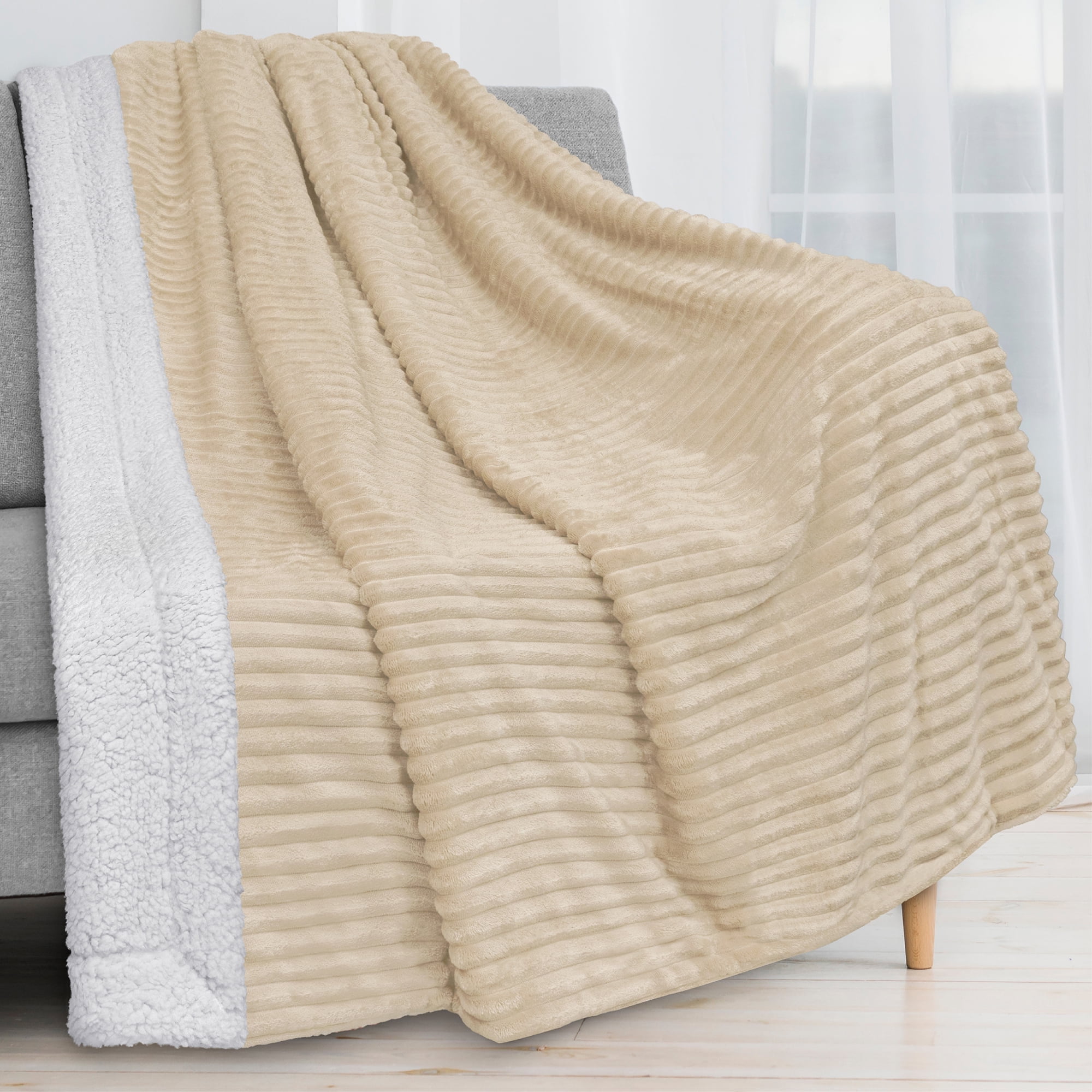 Cream Beige Reversible Sherpa Fleece Throw Blanket