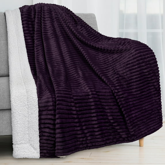 PAVILIA Reversible Sherpa Fleece Throw Blanket Eggplant Purple, Plush Flannel Throw, Ultra Soft Warm Ribbed Microfiber Blanket for Sofa Couch Bed, Luxury Thick Striped Blanket, Purple, 50x60