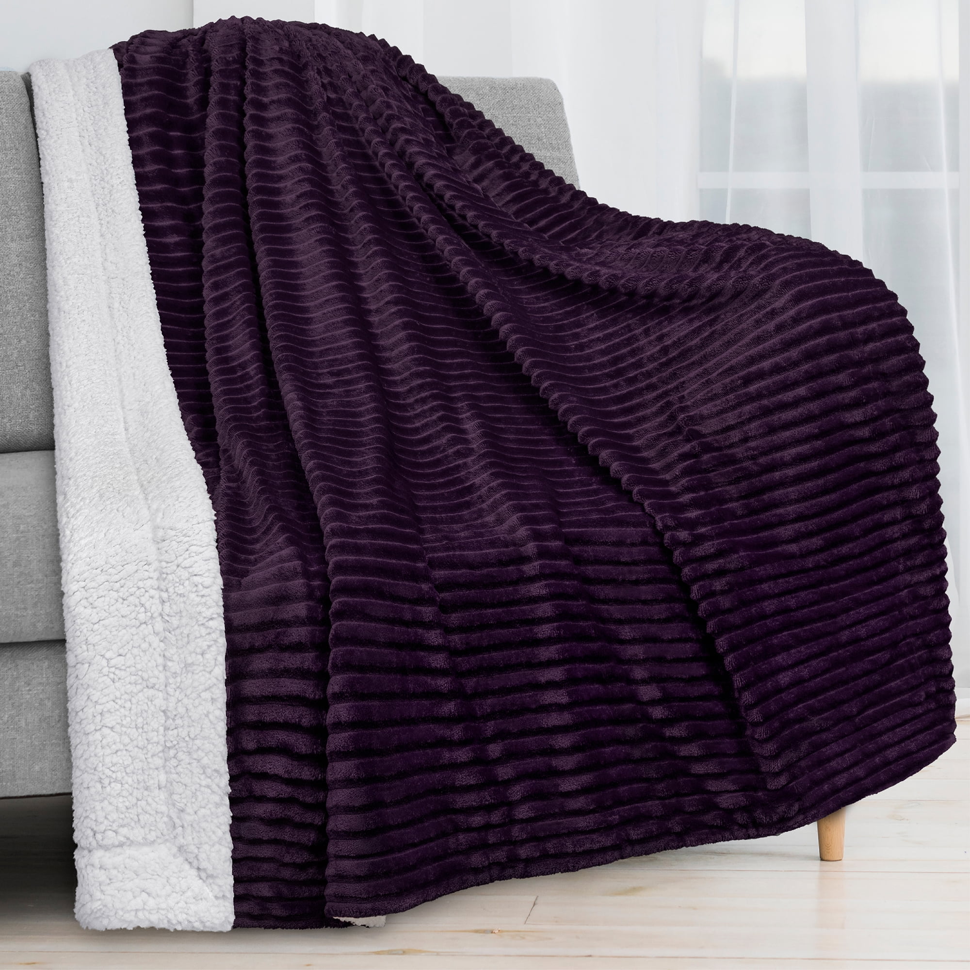 Purple Reversible Sherpa Fleece Throw Blanket