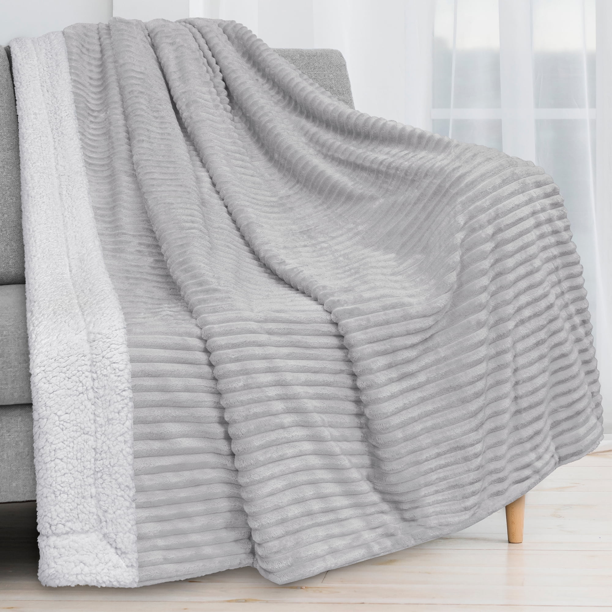 Light Grey Reversible Sherpa Fleece Throw Blanket