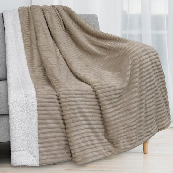PAVILIA Reversible Sherpa Fleece Throw Blanket Taupe Tan Camel, Plush Flannel Throw, Ultra Soft Warm Ribbed Microfiber Blanket for Sofa Couch Bed, Luxury Thick Striped Blanket, Taupe, 50x60