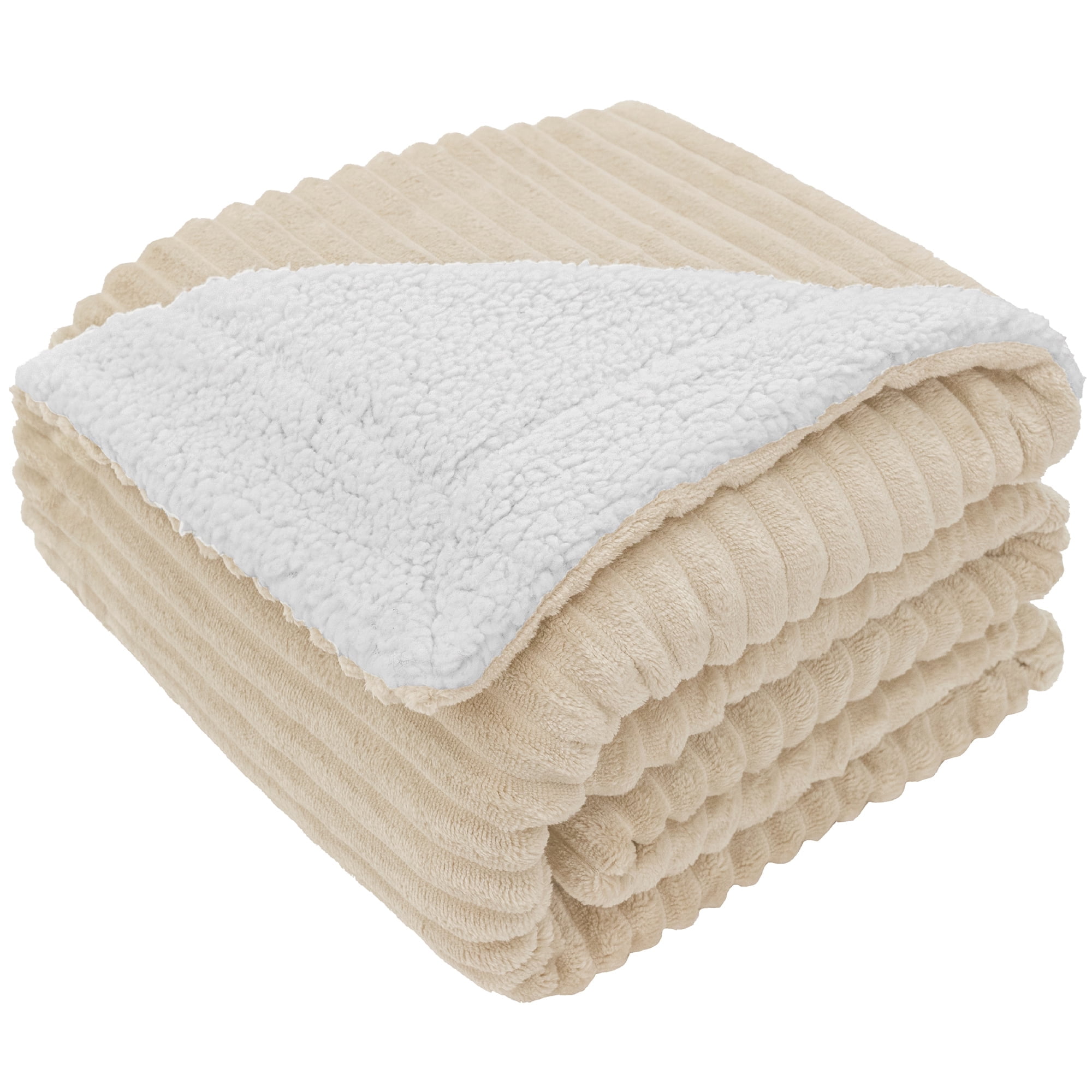 PAVILIA Reversible Sherpa Fleece Throw Blanket Twin Cream Beige, Soft Fuzzy Plush Flannel Throw, Warm Ribbed Microfiber Blanket for Sofa Couch Bed, Thick Striped Blanket, Beige, 60x80