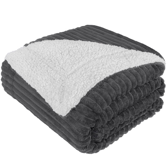 PAVILIA Reversible Sherpa Fleece Throw Blanket Twin Dark Grey, Soft Fuzzy Plush Flannel Throw, Warm Ribbed Microfiber Blanket for Sofa Couch Bed, Thick Striped Blanket, Grey, 60x80