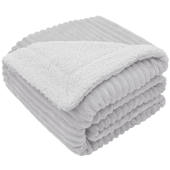 PAVILIA Reversible Sherpa Fleece Throw Blanket Twin Light Grey, Soft Fuzzy Plush Flannel Throw, Warm Ribbed Microfiber Blanket for Sofa Couch Bed, Thick Striped Blanket, Light Grey, 60x80