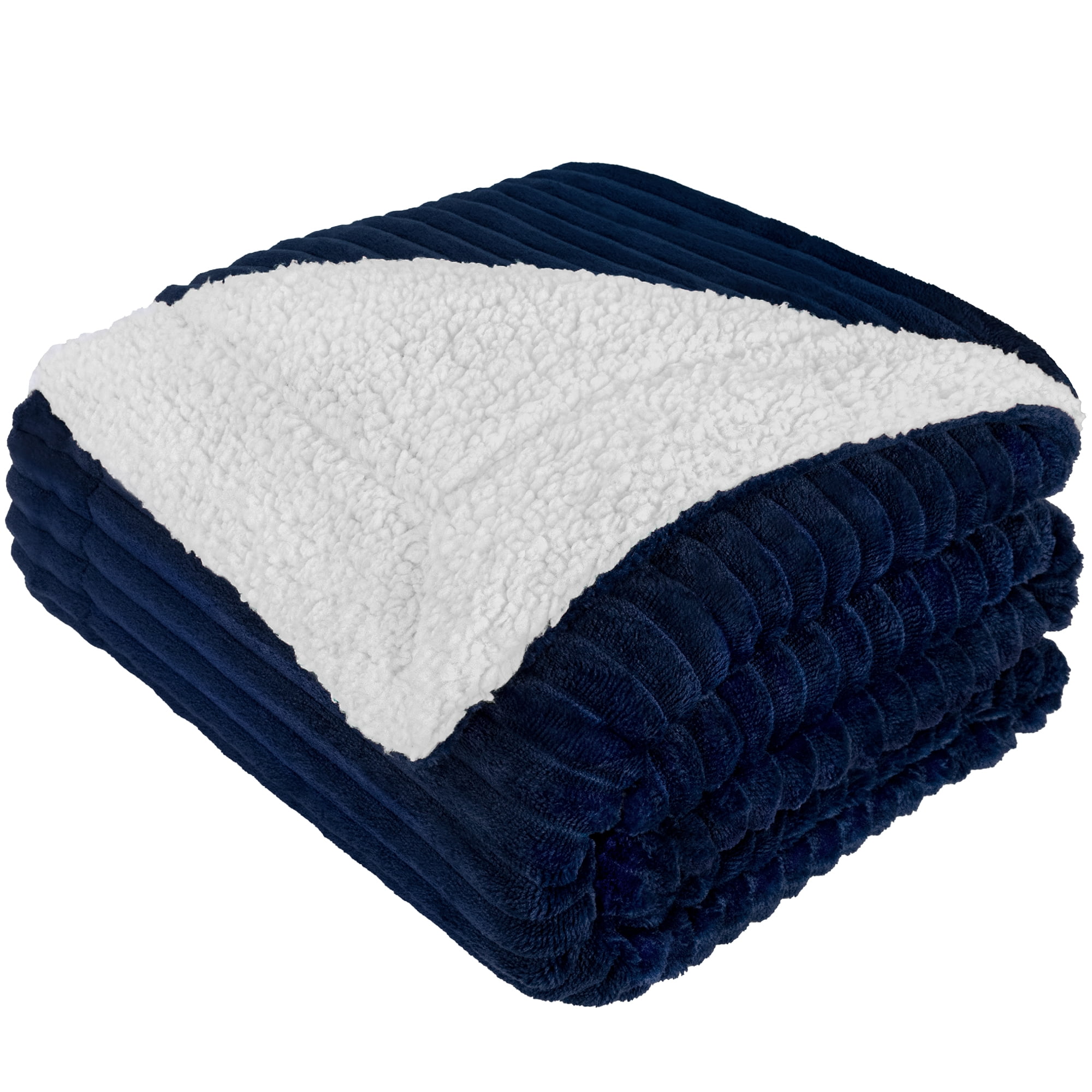 PAVILIA Reversible Sherpa Fleece Throw Blanket Twin Navy Blue, Soft Fuzzy Plush Flannel Throw, Warm Ribbed Microfiber Blanket for Sofa Couch Bed, Thick Striped Blanket, Navy, 60x80