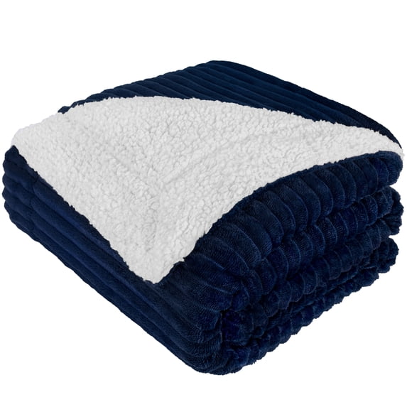 PAVILIA Reversible Sherpa Fleece Throw Blanket Twin Navy Blue, Soft Fuzzy Plush Flannel Throw, Warm Ribbed Microfiber Blanket for Sofa Couch Bed, Thick Striped Blanket, Navy, 60x80