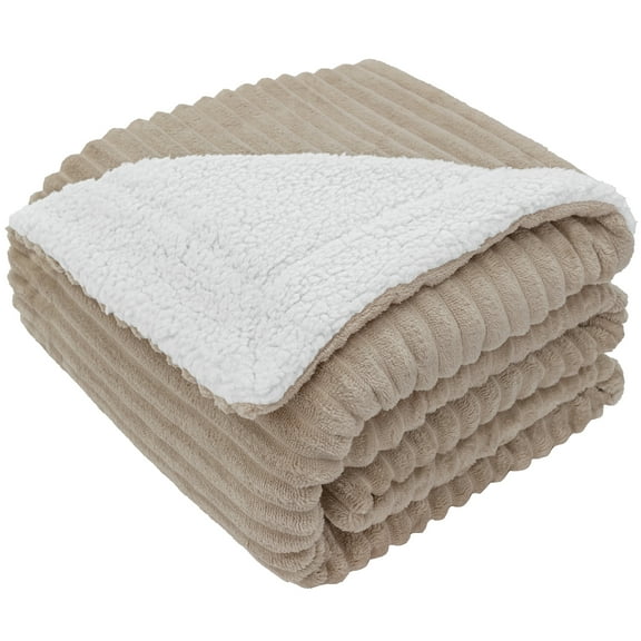 PAVILIA Reversible Sherpa Fleece Throw Blanket Twin Taupe Tan Camel, Soft Fuzzy Plush Flannel Throw, Warm Ribbed Microfiber Blanket for Sofa Couch Bed, Thick Striped Blanket, Taupe, 60x80