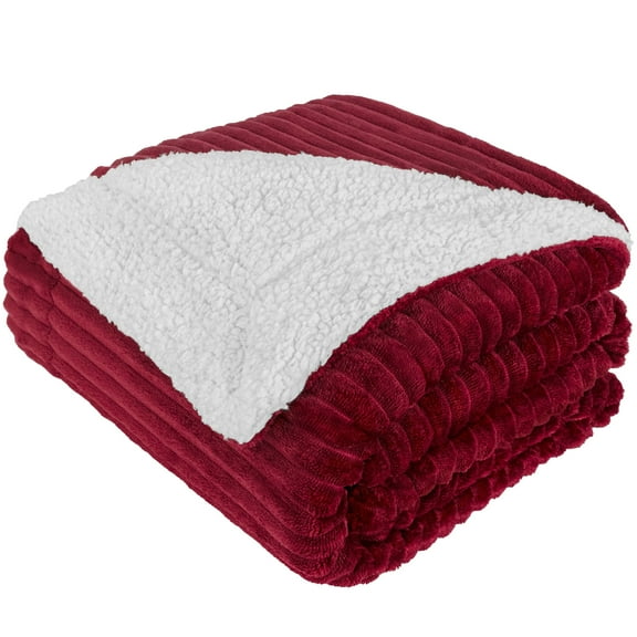PAVILIA Reversible Sherpa Fleece Throw Blanket Twin Wine Red Burgundy, Soft Fuzzy Plush Flannel Throw, Warm Ribbed Microfiber Blanket for Sofa Couch Bed, Thick Striped Blanket, Red, 60x80