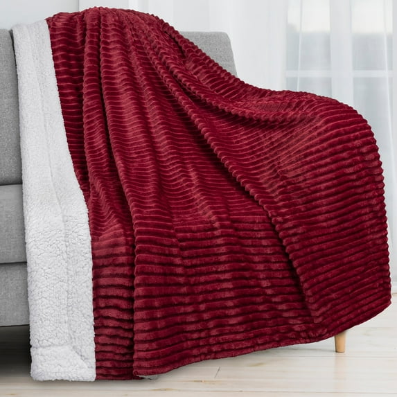 PAVILIA Reversible Sherpa Fleece Throw Blanket Wine Red Burgundy, Plush Flannel Throw, Ultra Soft Warm Ribbed Microfiber Blanket for Sofa Couch Bed, Luxury Thick Striped Blanket, Red, 50x60
