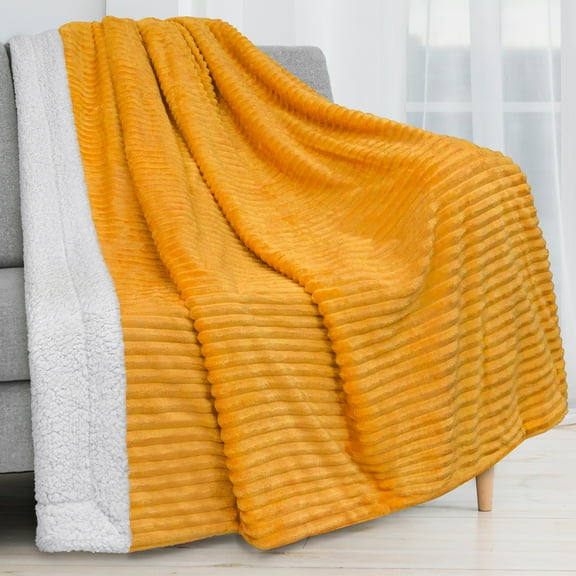 PAVILIA Reversible Sherpa Fleece Throw Blanket Yellow Mustard, Plush Flannel Throw, Ultra Soft Warm Ribbed Microfiber Blanket for Sofa Couch Bed, Luxury Thick Striped Blanket, Yellow, 50x60