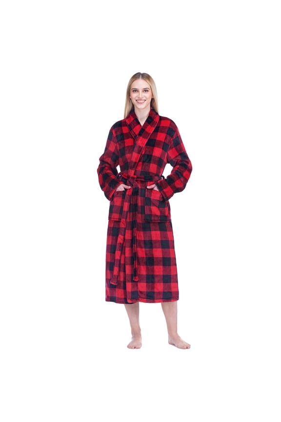 Robes For Women, Fleece Soft Fluffy Bathrobe, Plush Cozy Flannel Long Spa Robe (L/XL, Black Red Checkered)