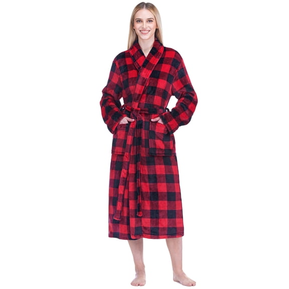 PAVILIA Robes For Women, Fleece Soft Fluffy Bathrobe, Plush Cozy Flannel Long Spa Robe (S/M, Black Red Checkered)