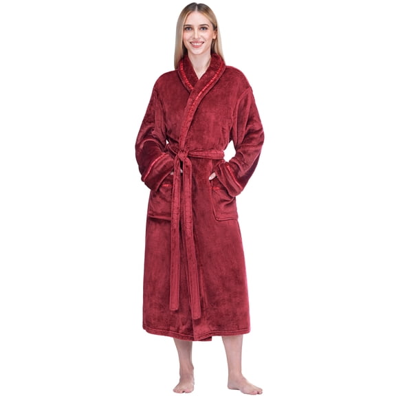 PAVILIA Robes For Women, Fleece Soft Fluffy Bathrobe, Plush Cozy Long Spa Robe, Satin Trim (2XL/3XL, Wine)