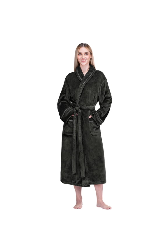 Robes For Women, Fleece Soft Fluffy Bathrobe, Plush Cozy Long Spa Robe, Satin Trim (L/XL, Black)
