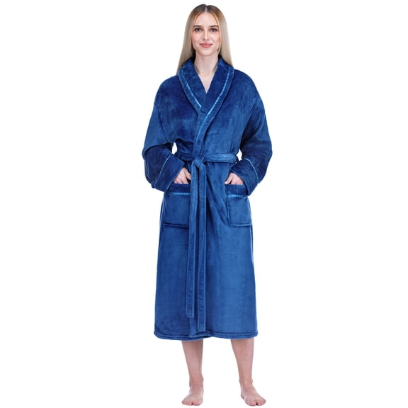 PAVILIA Robes For Women, Fleece Soft Fluffy Bathrobe, Plush Cozy Long Spa Robe, Satin Trim (L/XL, Blue)