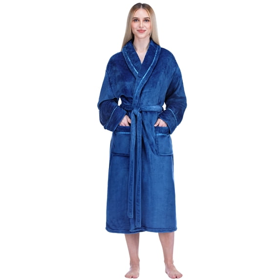 PAVILIA Robes For Women, Fleece Soft Fluffy Bathrobe, Plush Cozy Long Spa Robe, Satin Trim (L/XL, Blue)
