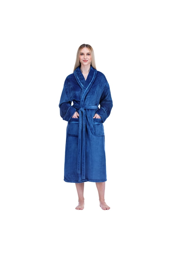 Robes For Women, Fleece Soft Fluffy Bathrobe, Plush Cozy Long Spa Robe, Satin Trim (L/XL, Blue)