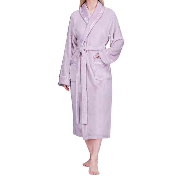 PAVILIA Womens Fleece Robe with Satin Trim, Plush Soft Long Spa Bathrobe, Cozy Shawl Collar Housecoat with Pockets (L/XL, Lavender Purple)