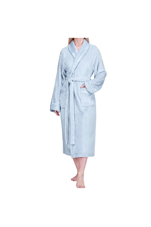 Womens Fleece Robe with Satin Trim, Plush Soft Long Spa Bathrobe, Cozy Shawl Collar Housecoat with Pockets (L/XL, Light Blue)
