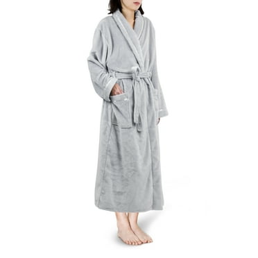 PAVILIA Robes For Women, Fleece Soft Fluffy Bathrobe, Plush Cozy Long Spa Robe, Satin Trim (L/XL, Light Grey)