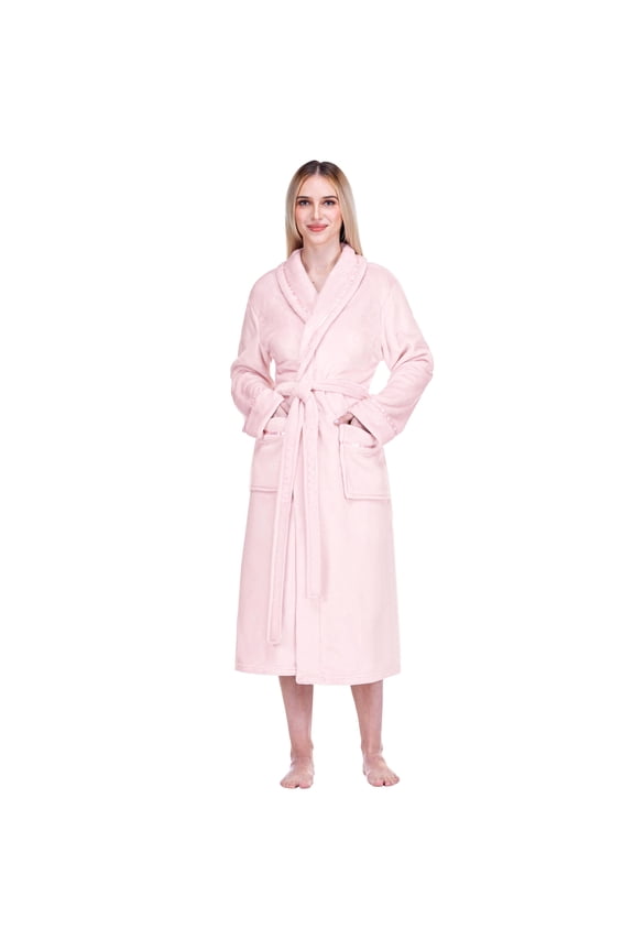 Robes For Women, Fleece Soft Fluffy Bathrobe, Plush Cozy Long Spa Robe, Satin Trim (L/XL, Pink)