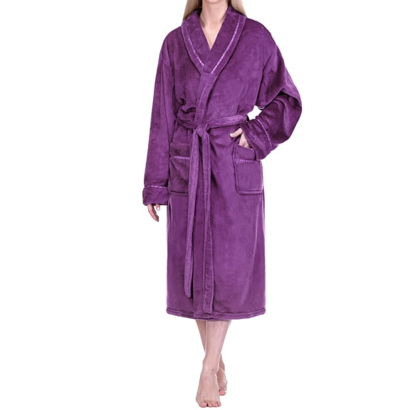 PAVILIA Womens Fleece Robe with Satin Trim, Plush Soft Long Spa Bathrobe, Cozy Shawl Collar Housecoat with Pockets (L/XL, Purple)