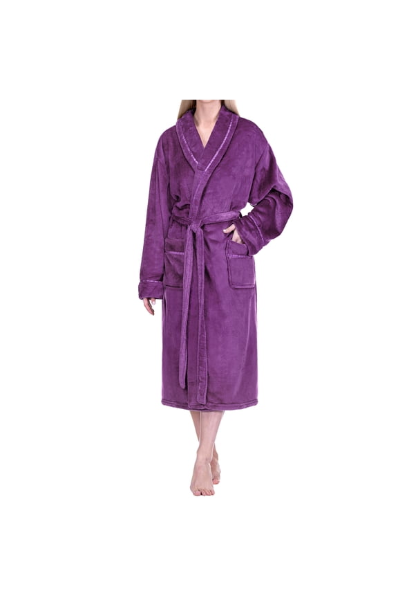 Womens Fleece Robe with Satin Trim, Plush Soft Long Spa Bathrobe, Cozy Shawl Collar Housecoat with Pockets (L/XL, Purple)