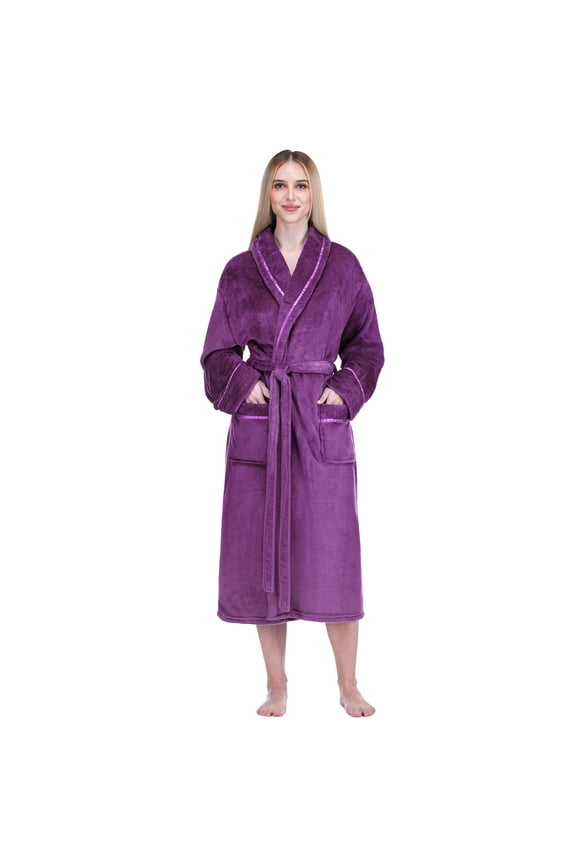Robes For Women, Fleece Soft Fluffy Bathrobe, Plush Cozy Long Spa Robe, Satin Trim (L/XL, Purple)