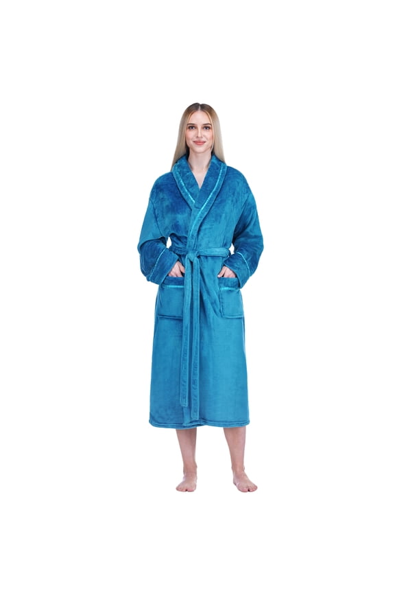 Robes For Women, Fleece Soft Fluffy Bathrobe, Plush Cozy Long Spa Robe, Satin Trim (L/XL, Sea Blue)