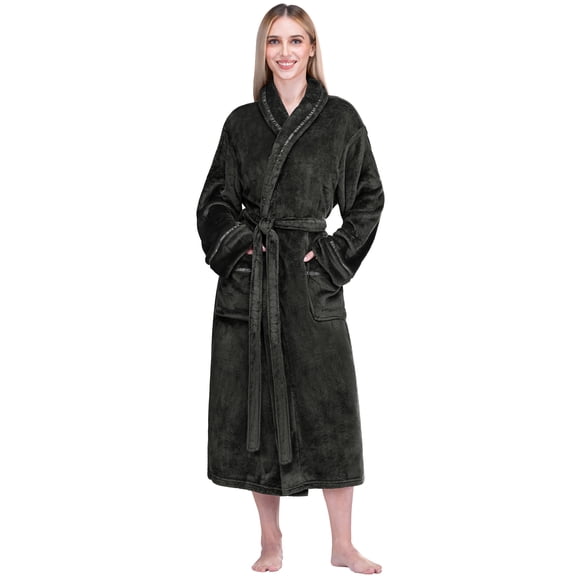 PAVILIA Robes For Women, Fleece Soft Fluffy Bathrobe, Plush Cozy Long Spa Robe, Satin Trim (S/M, Black)