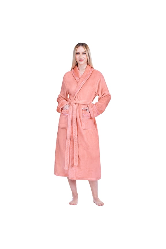 Robes For Women, Fleece Soft Fluffy Bathrobe, Plush Cozy Long Spa Robe, Satin Trim (S/M, Coral)