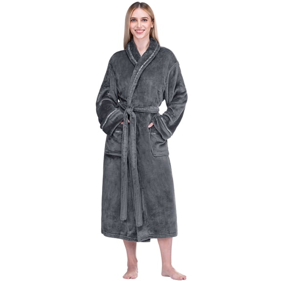 PAVILIA Robes For Women, Fleece Soft Fluffy Bathrobe, Plush Cozy Long Spa Robe, Satin Trim (S/M, Grey)