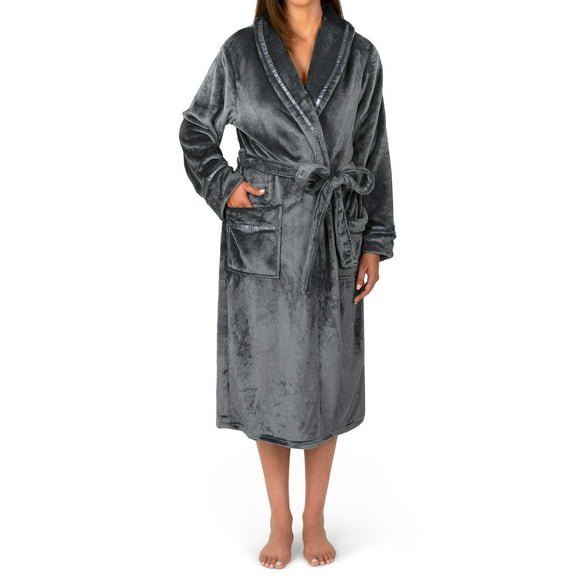 PAVILIA Robes For Women, Fleece Soft Fluffy Bathrobe, Plush Cozy Long Spa Robe, Satin Trim (S/M, Grey)