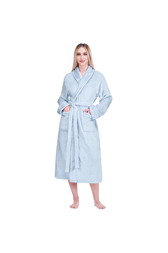 Robes For Women, Fleece Soft Fluffy Bathrobe, Plush Cozy Long Spa Robe, Satin Trim (S/M, Light Blue)