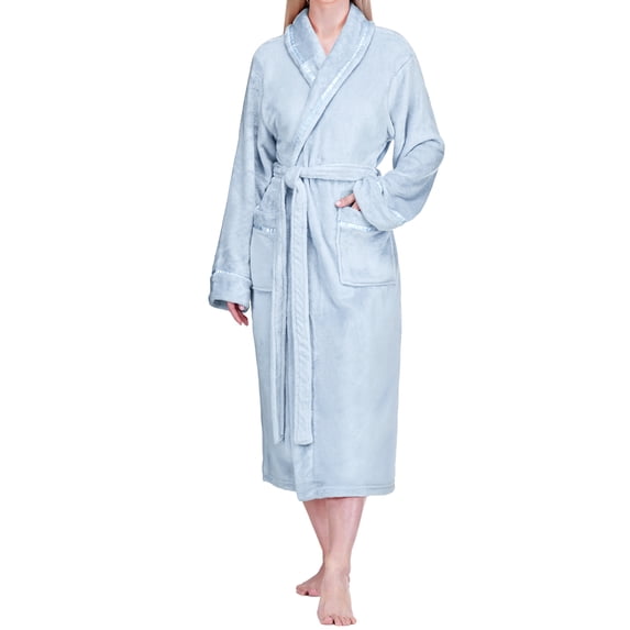 PAVILIA Womens Fleece Robe with Satin Trim, Plush Soft Long Spa Bathrobe, Cozy Shawl Collar Housecoat with Pockets (S/M, Light Blue)