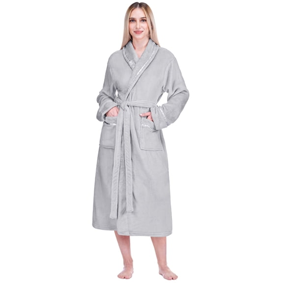 PAVILIA Robes For Women, Fleece Soft Fluffy Bathrobe, Plush Cozy Long Spa Robe, Satin Trim (S/M, Light Grey)