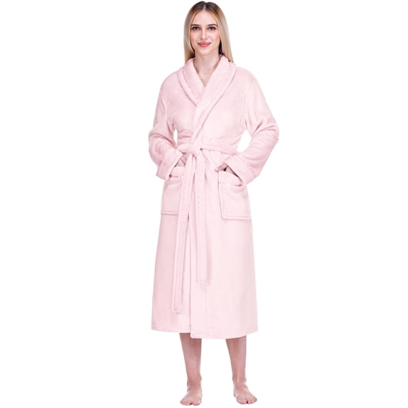 PAVILIA Robes For Women, Fleece Soft Fluffy Bathrobe, Plush Cozy Long Spa Robe, Satin Trim (S/M, Pink)