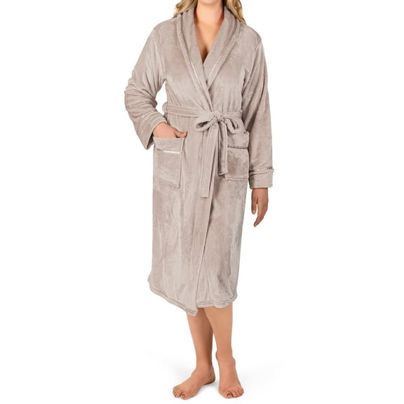 PAVILIA Robes For Women, Fleece Soft Fluffy Bathrobe, Plush Cozy Long Spa Robe, Satin Trim (S/M, Taupe)