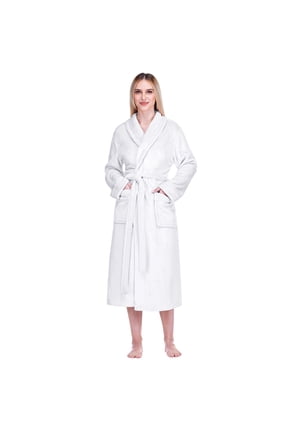 Robes For Women, Fleece Soft Fluffy Bathrobe, Plush Cozy Long Spa Robe, Satin Trim (S/M, White)