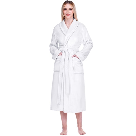 PAVILIA Robes For Women, Fleece Soft Fluffy Bathrobe, Plush Cozy Long Spa Robe, Satin Trim (S/M, White)