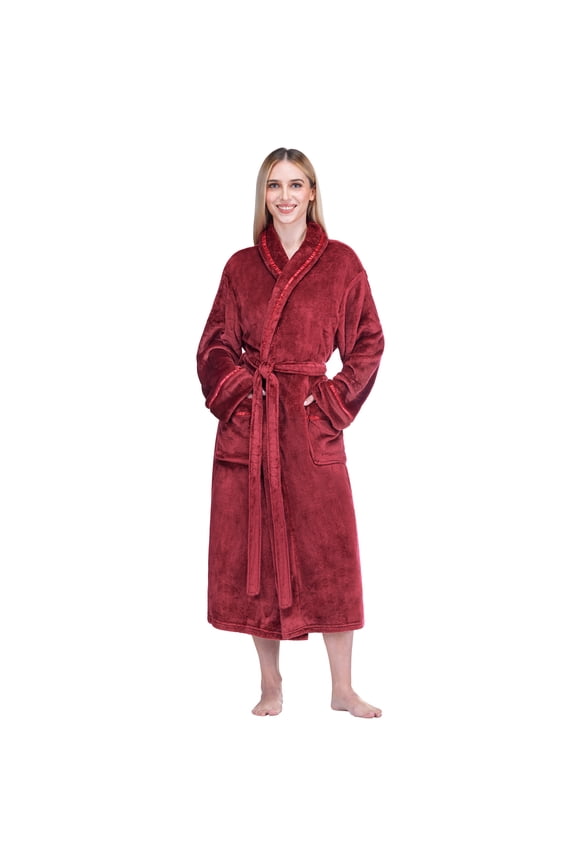 Robes For Women, Fleece Soft Fluffy Bathrobe, Plush Cozy Long Spa Robe, Satin Trim (S/M, Wine)