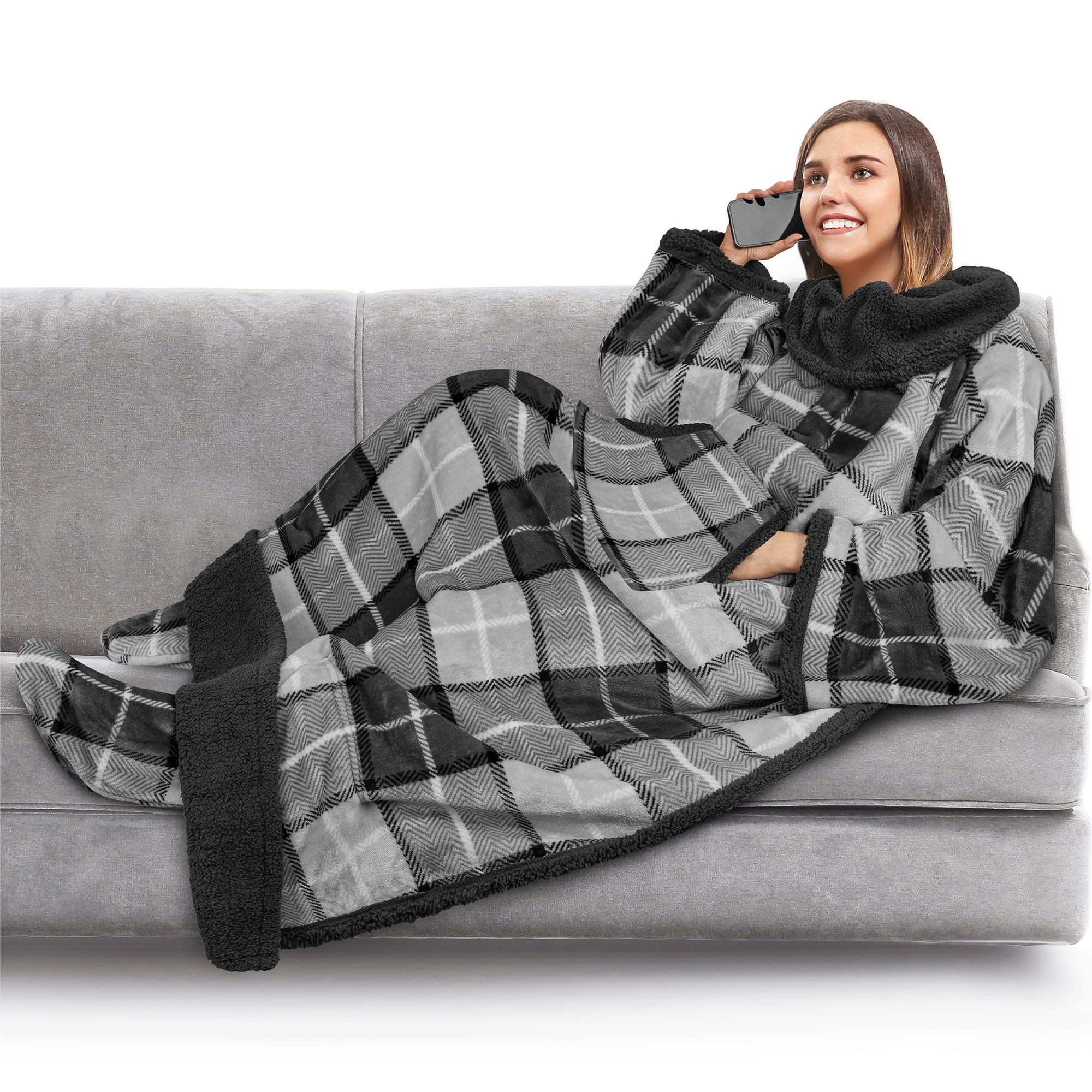 PAVILIA Sherpa Blanket with Sleeves and Foot Pocket Women Men Adult Fleece Wearable Blanket Sleeved Throw Wrap Thick Hug Sleep Pod Snuggle Blanket Robe Cozy Christmas Gift Idea Wife Mom Plaid Blue
